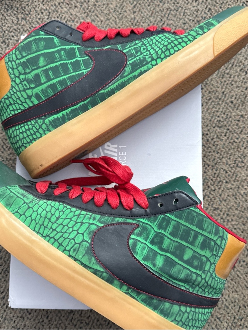 Nike Blazer Mid Premium Godzilla Team Green with Red Laces and Black Swoosh